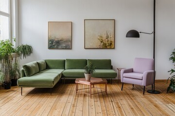 A minimalist living room with vintage pine wood flooring and warm white walls