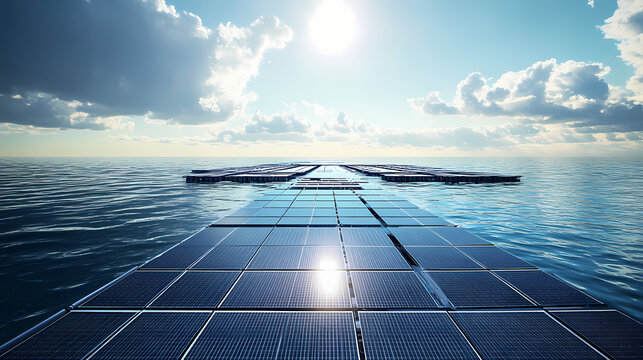 Vast offshore floating solar farm with rows of gleaming photovoltaic panels capturing the sun s radiance above the tranquil ocean. Solar Radiance. Illustration