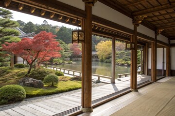 Japanese Temple Garden View Through Framework

