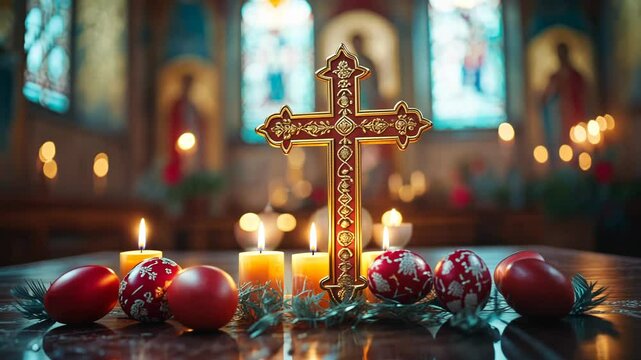 golden orthodox cross with decorated easter eggs and candlelight in a church interior, symbolizing faith, resurrection, and religious tradition
