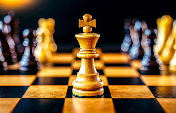 A chess piece on a chess board with other chess pieces in the background - Powered by Adobe
