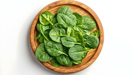Fresh spinach leaves on wooden plate