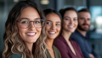 Fototapeta premium Confident diverse business team of young professionals in corporate attire standing together showing leadership and teamwork skills