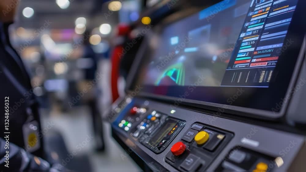 Poster engineer uses a cutting edge touchscreen control panel to manage and monitor an innovative productio