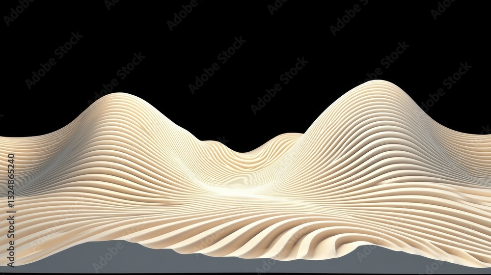 Poster a 3d rendering of a wave-like landscape with a central valley and two peaks.