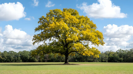 Fototapeta premium Lush Green Field Underneath A Bright Blue Sky Displaying A Large Yellow Leafy Tree Illuminated By Sunlight
