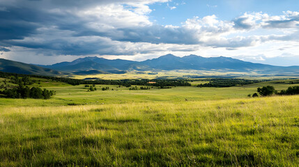 Fototapeta premium Green Field Landscape Under Blue Sky With White Clouds and Mountain Range in Sunlight