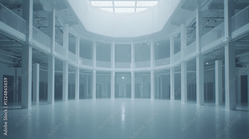 Poster a large, empty room with white columns and a curved ceiling.