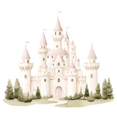Fototapeta premium Whimsical Castle Illustration. Majestic towers and delicate details evoke fantasy and fairytale charm. Ideal for storybooks and enchanting designs.