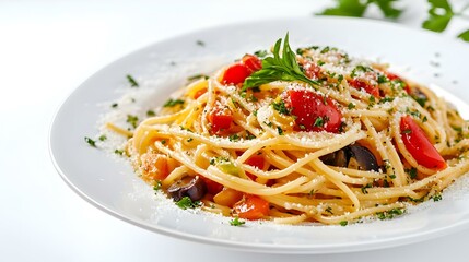 Delicious pasta with vegetables on white plate