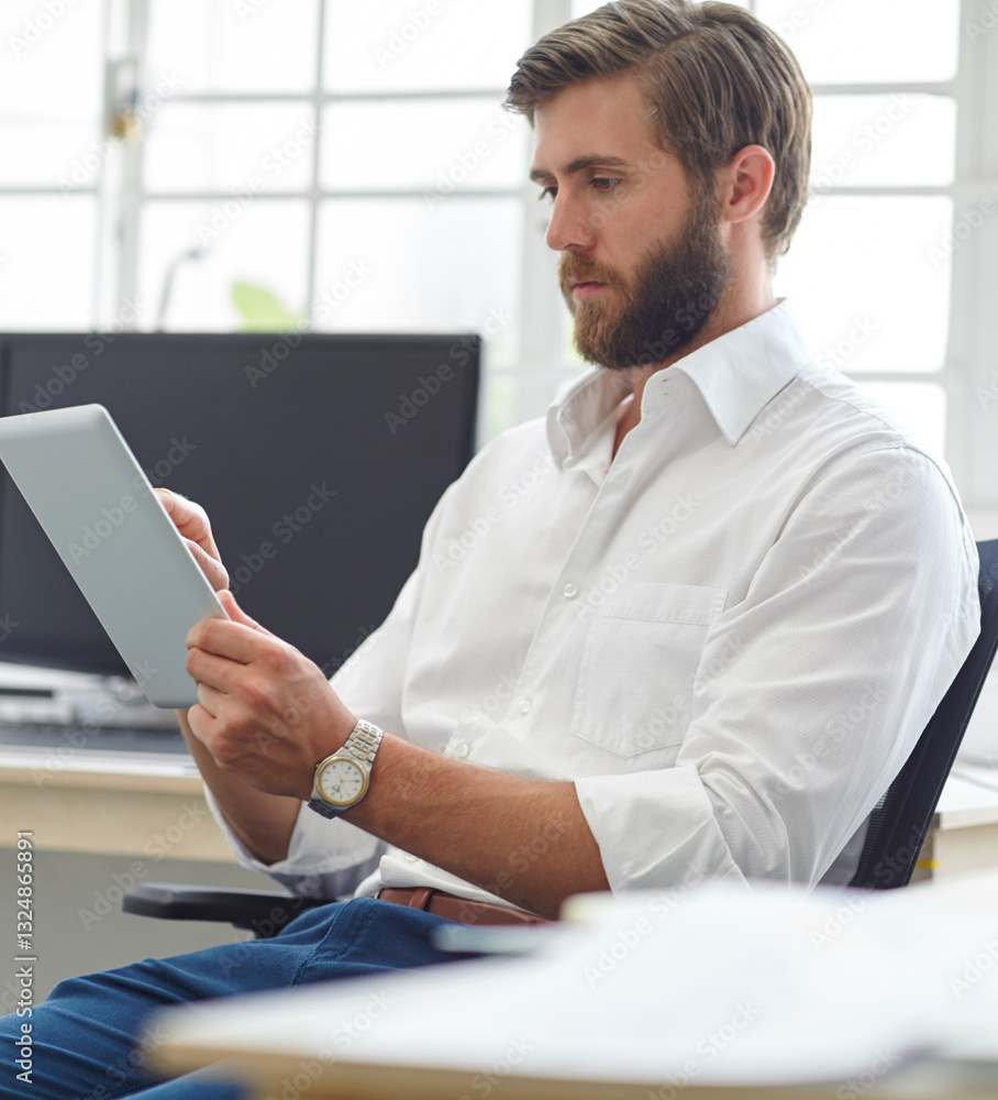 Poster man, typing and employee with tablet in office, event coordinator and online for professional work. 