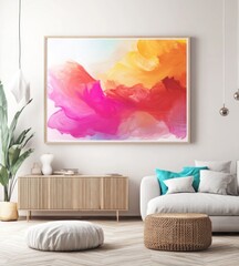 Abstract colorful framed wall art in modern living room.