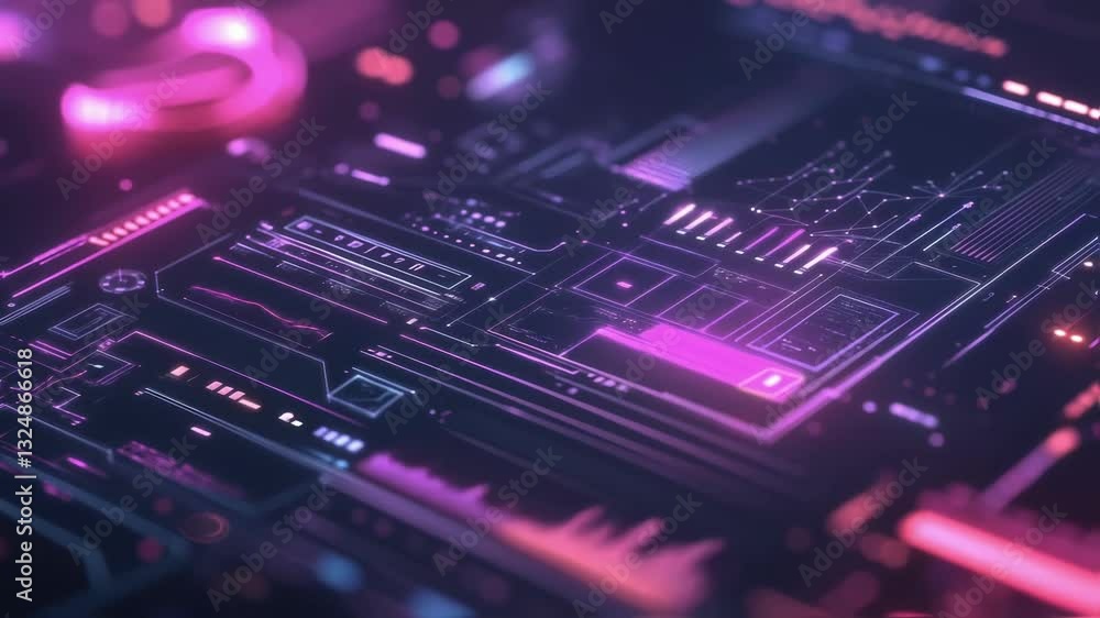Poster visualizing complex technological processes through glowing lines and dynamic charts, embodying inno