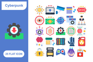 Cyber Punk Flat Icons Set, Collection of 25 Cyber Punk Flat Icons Set - 25 Vector Icons for Futuristic, Sci-Fi, Technology, Neon, and Digital Art Designs