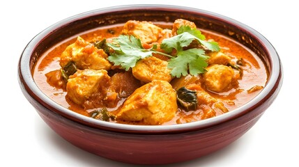Fototapeta premium Bowl of delicious chicken curry on white