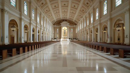 Grand Interior View Of Church With Marble Floor Arches and Ornate Ceiling Showing Perspective and Symmetry