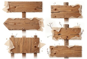 Naklejka premium Rustic Wooden Sign Collection with Natural Paper Accent on White Background
