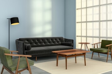 A minimalist living room with a charcoal gray velvet sofa, olive green wooden chairs, and a rosewood coffee table