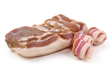 Smoked bacon. Streaky brisket slices, isolated on white background.