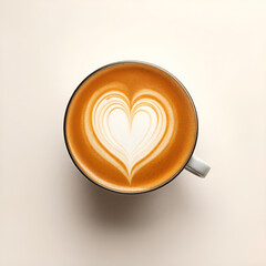 A top view of a latte with a delicate heart design in the foam, isolated on a pristine white background.