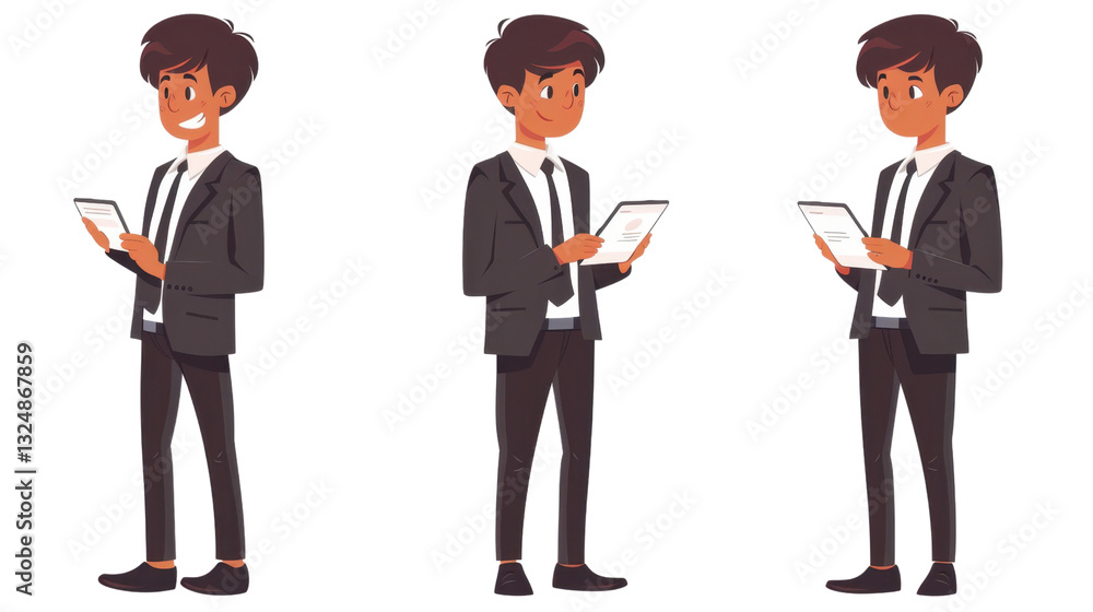 Poster businessman using tablet with transparent background: three poses for animation