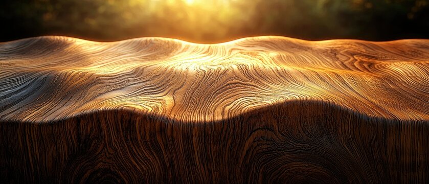 Honey-gold sunlight illuminates the rolling contours of a live-edge wooden surface, showcasing intricate grain patterns that flow like topographical lines across the amber and brown. Generative AI.