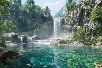 Stunning Waterfall cascading into a crystalclear pond surrounded by lush greenery and rocky cl