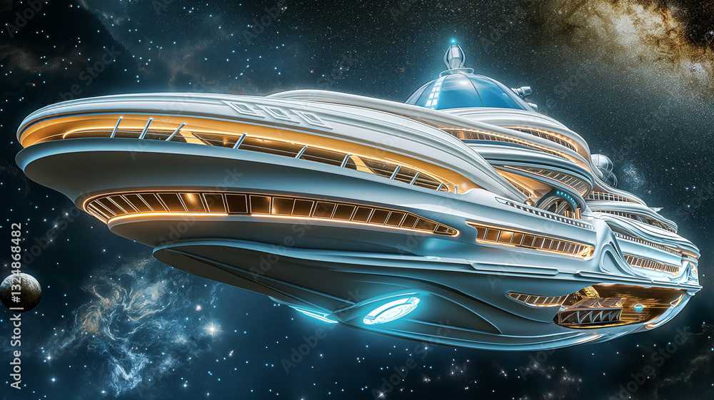 Aufkleber this futuristic space hotel features advanced amenities and technology in a cosmic environment.