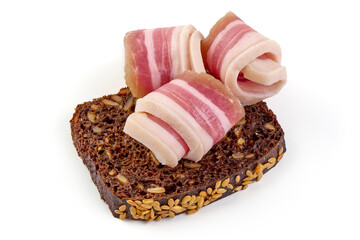 Smoked bacon. Streaky brisket slices, isolated on white background.