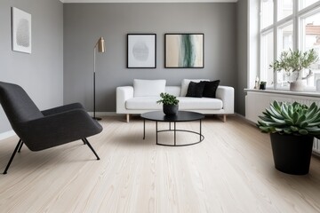 Fototapeta premium A minimalist Scandinavian living room with polished birch wood flooring, dove gray walls, and a pure white ceiling