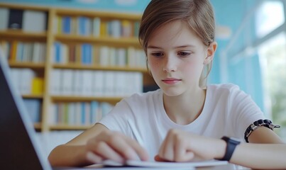 Focused Girl Studying at Desk in Educational Setting