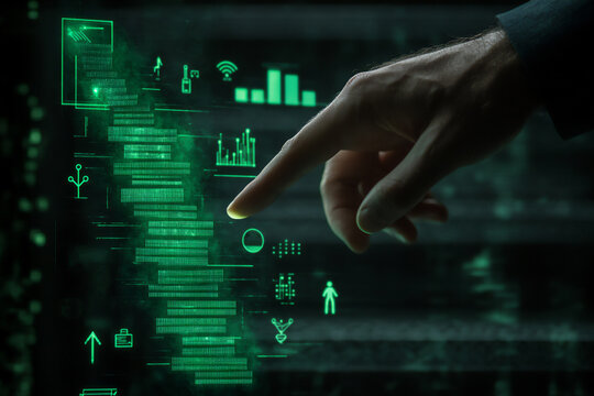 close-up of a man's hand touching a green hologram icon of a stairway step