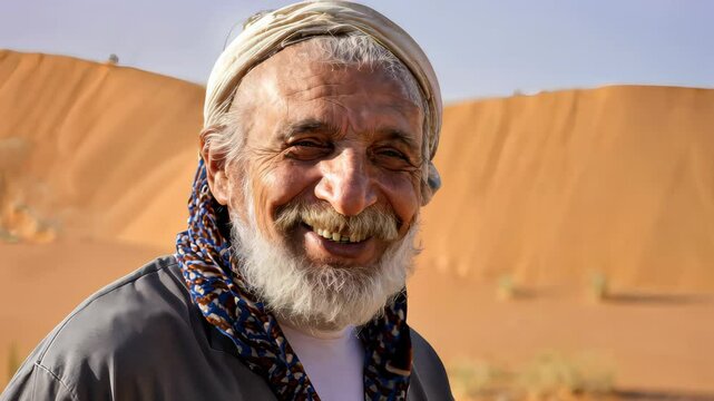 portrait of an old native man looking on camera and smiles