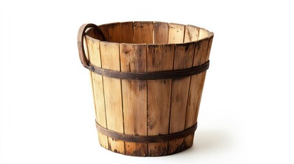 Empty wooden bucket with a handle, isolated on white. Suitable for rustic, gardening, or storage-related themes.