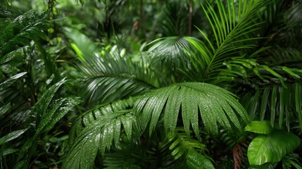 Fototapeta premium A lush tangle of rainforest foliage, glistening with recent rain, envelops the scene in vibrant greenery and natural wonder.