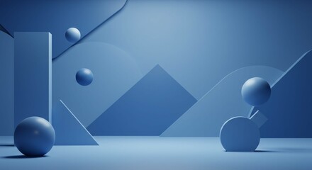 Abstract Blue Geometric Shapes Background 3D Render of Spheres and Polygons