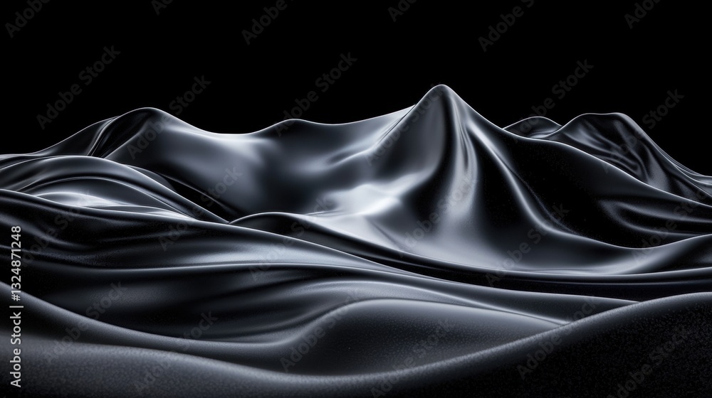 Poster a digital rendering of a black, shiny, and smooth surface with a wave-like pattern.