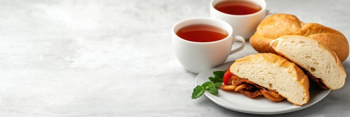 A delectable arrangement of hearty sandwiches and steaming tea cups presents a homely setting, inviting warmth and comfort, perfect for casual dining and joyful gatherings.