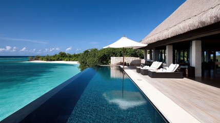 Fototapeta premium A luxurious beachfront villa with a stunning infinity pool offers unobstructed views of a turquoise ocean and private paradise.