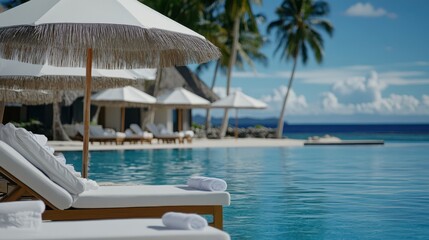 Serene beachside resort with sun loungers by a turquoise pool, palm trees swaying, under a clear blue sky. Perfect escape into luxury and relaxation.