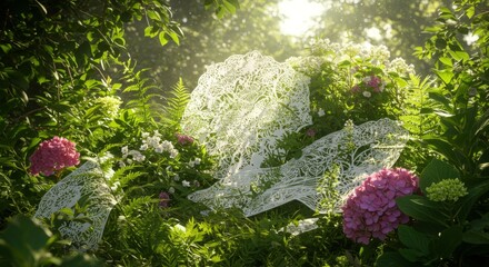 Lace Art Installation in Lush Garden with Hydrangeas and Sunlight