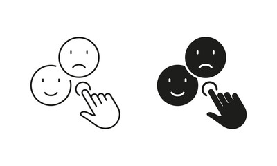 Customer Satisfaction Sign. Feedback Line and Silhouette Icon Set. Cursor Click On Good Or Bad Emoticon Pictogram. Social Media App Review Symbol. Editable Stroke. Isolated Vector Illustration