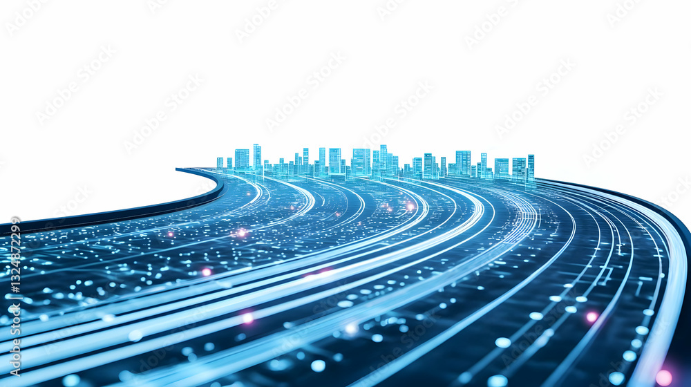 Poster futuristic smart city connected by data streams flowing along a curved path with bright blue lights 