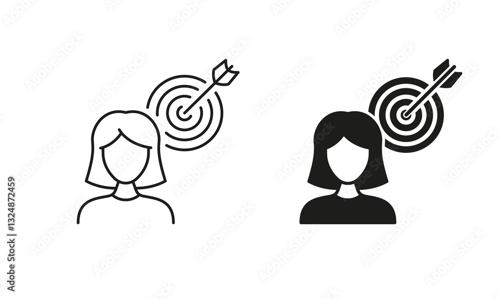 Poster human strategy, aim. accuracy target, dartboard and arrow symbol. focused and object oriented woman 