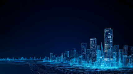 Fototapeta premium Futuristic Blue Digital City Skyline at Night with Illuminated Buildings and Glowing Grid
