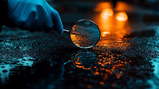 Magnifying Glass in Rainy Crime Scene Investigation

