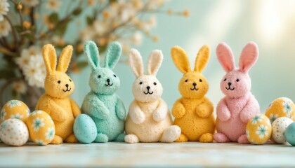 Obraz premium Cute colorful plush bunnies with Easter eggs in a festive setting, creating a joyful atmosphere