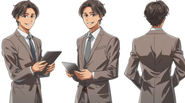 Smiling businessman holding tablet with transparent background