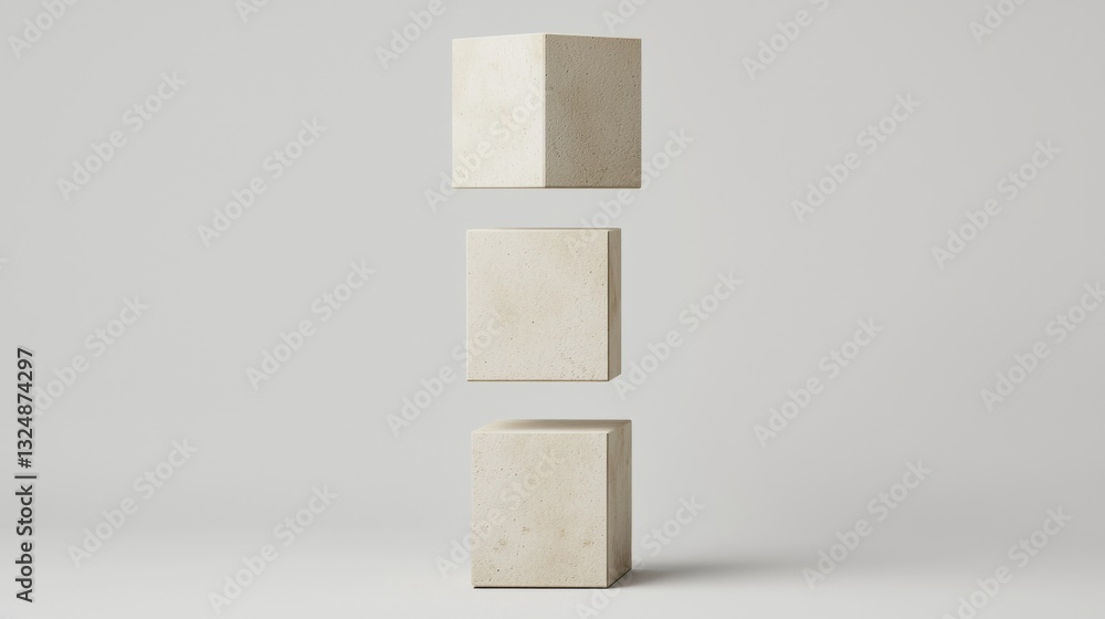 Poster three beige cubes of varying heights and widths are arranged vertically against a light gray backgro