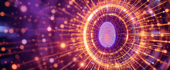 Abstract cyber security background with connected points illustrated vector style, warm Color combination, speed of light, spreading warm colors vibrant light round , glowing finger print sensor lock 